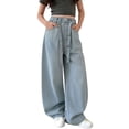 thumbnail image 6 of Crunowin Girls Denim Pants Summer Fashion High Waisted Curved Knife Design Teenagers Classic Style Jeans Blue Size 4 Years, 6 of 9