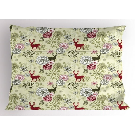 Ambesonne Winter Pillow Sham, Deer Flowers Christmas, 26" X 20", Olive Green Pale Green