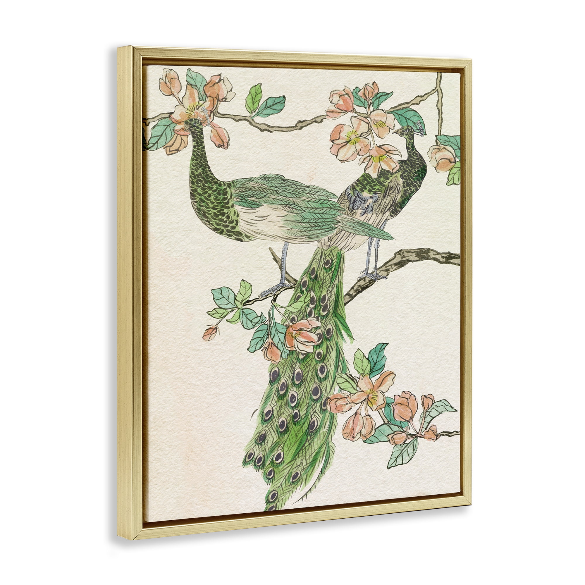Stupell Industries Peacock & Cherry Blossoms Animals & Insects Painting Gold Floater Framed Canvas Art Print Wall Art, 17 x 21