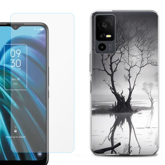 OneToughShield ® for TCL 40 XE 5G Shockproof Fashion Phone Case, with Tempered Glass Screen Protector - Tree BW