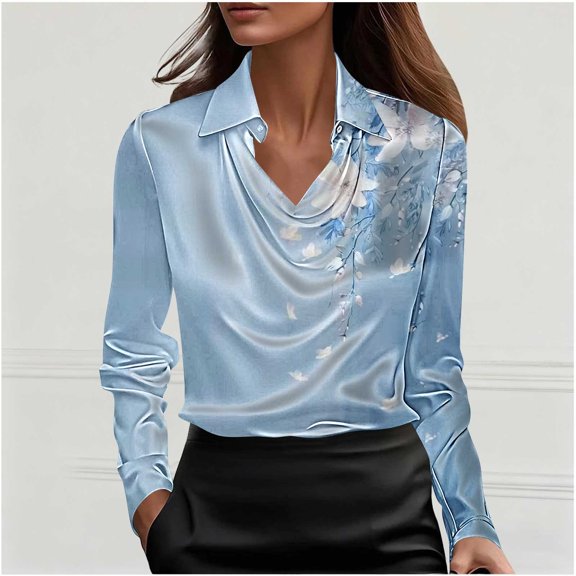 Qulqfy Holiday Blouses for Women Dressy Plus Size Satin Multicolor Cowl Neck Silk Blouse Floral Long Sleeve Shirt Tops for Women Night Out L