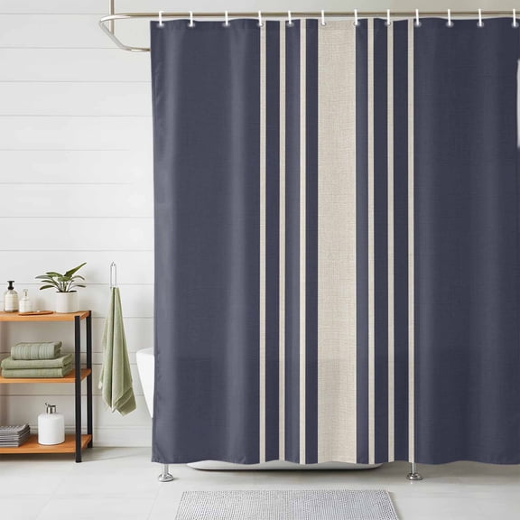 Shower Curtains for Bathroom, Beige Striped Waterproof Fabric Shower Curtain, Midnight Blue Geometric Simple Retro Decorative Bathroom Curtain for Bathtub, 36"x72", No Hooks Included