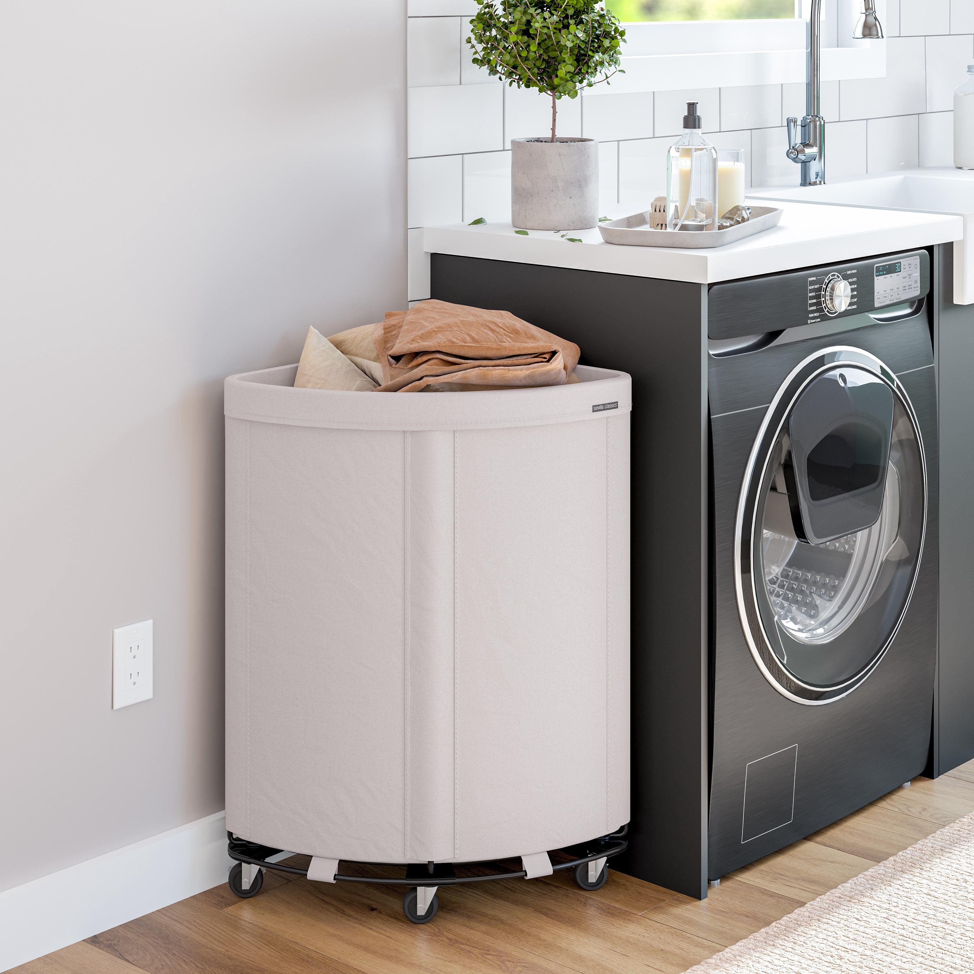 Seville Classics Corner Heavy Duty Rolling Steel Frame Laundry Hamper Canvas Cart Bin, w/ Wheels for Hotel, Home, Closet, Bedroom, Natural White, 24" W x 17.7" D