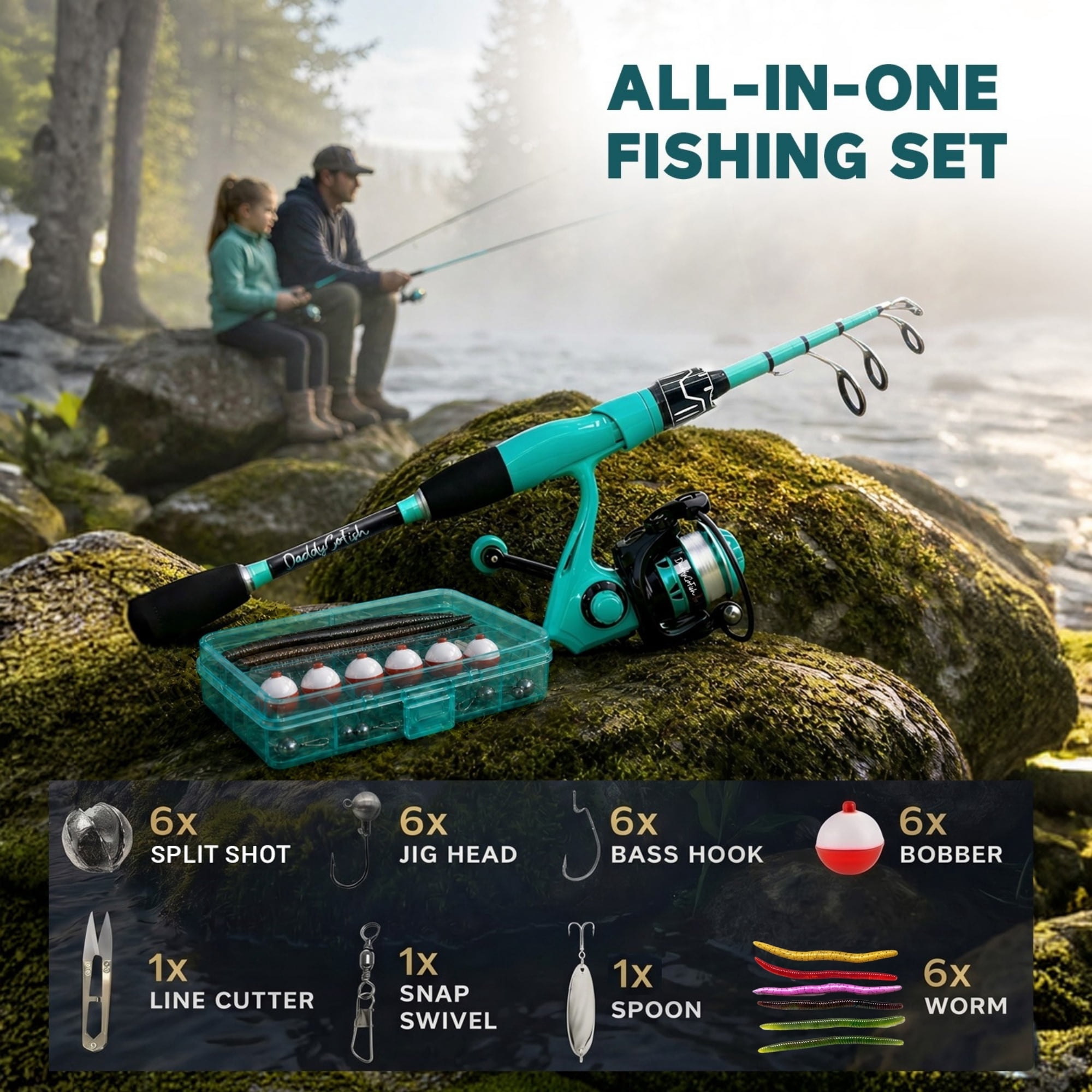 DaddyGoFish Spinning Fishing Rod and Reel Combo Set with Tackle Box | Fishing Pole | Carbon Fiber Telescopic Fishing Rod Kit | Spinning Reel for Travel Saltwater Freshwater Fishing Gear Kit