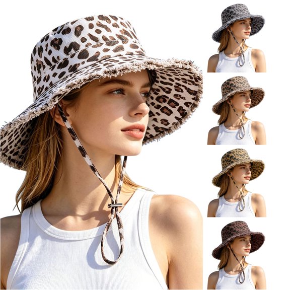 Unir Outdoor Hiking Leopard Print Bucket Hat for Women, Wide Brim with Windproof Chin Strap, UV Protection Sun Hat, 1 Piece, One Size