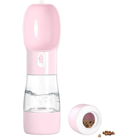 Dog Water Bottle Portable Dog Water Bottle Multifunctional and Detachable Design for Drinking and Eating Combination Cup pet Water Bottle Suitable for Outdoor Walking Hiking Traveling (Pink)