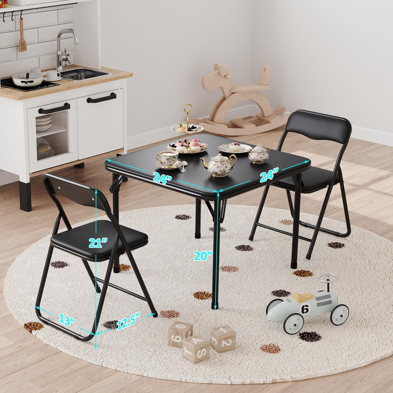 Towallmark 3 Piece Kids Table and Chairs Set, Folding Childrens Activity Table with Soft Cushion, Square Metal Frame Table Set for Daycare Classroom, Upholstered Card Table, Black
