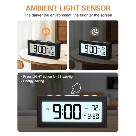 Battery Powered Digital Clock, LCD Digital Clock with Date & Temp Display, 5 Alarm Schedule, Snooze, 12/24 H, Auto Dimming, 5s Backlight, Small Alarm Clocks for Bedroom, Office, Travel