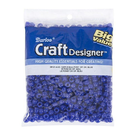 Darice Blue Plastic Pony Beads, 9mm, 720 Pieces