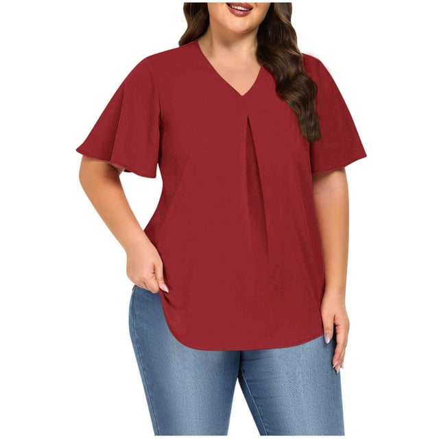 Timegard Womens Top Plus Size Ruched V Neck Ruffle Short Sleeve Lightweight Loose Casual Tee Shirts