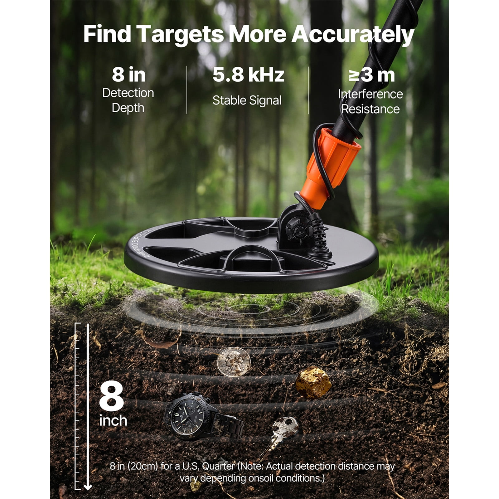 KFFKFF Metal Detector for Adults, 8" High-Precision Gold Finder, Waterproof Search Coil with Display, Headphones, 3 Modes, Adjustable Length, Ideal for Gold and Treasure Hunting