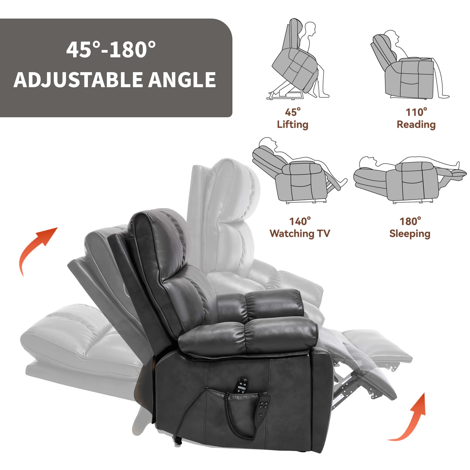 MAYEERTY Dark Gray Dual Motor Power Lift Recliner, 350lbs Infinite Position Massage Heat Hidden Cup Holders for Elderly 41"x37"x42"