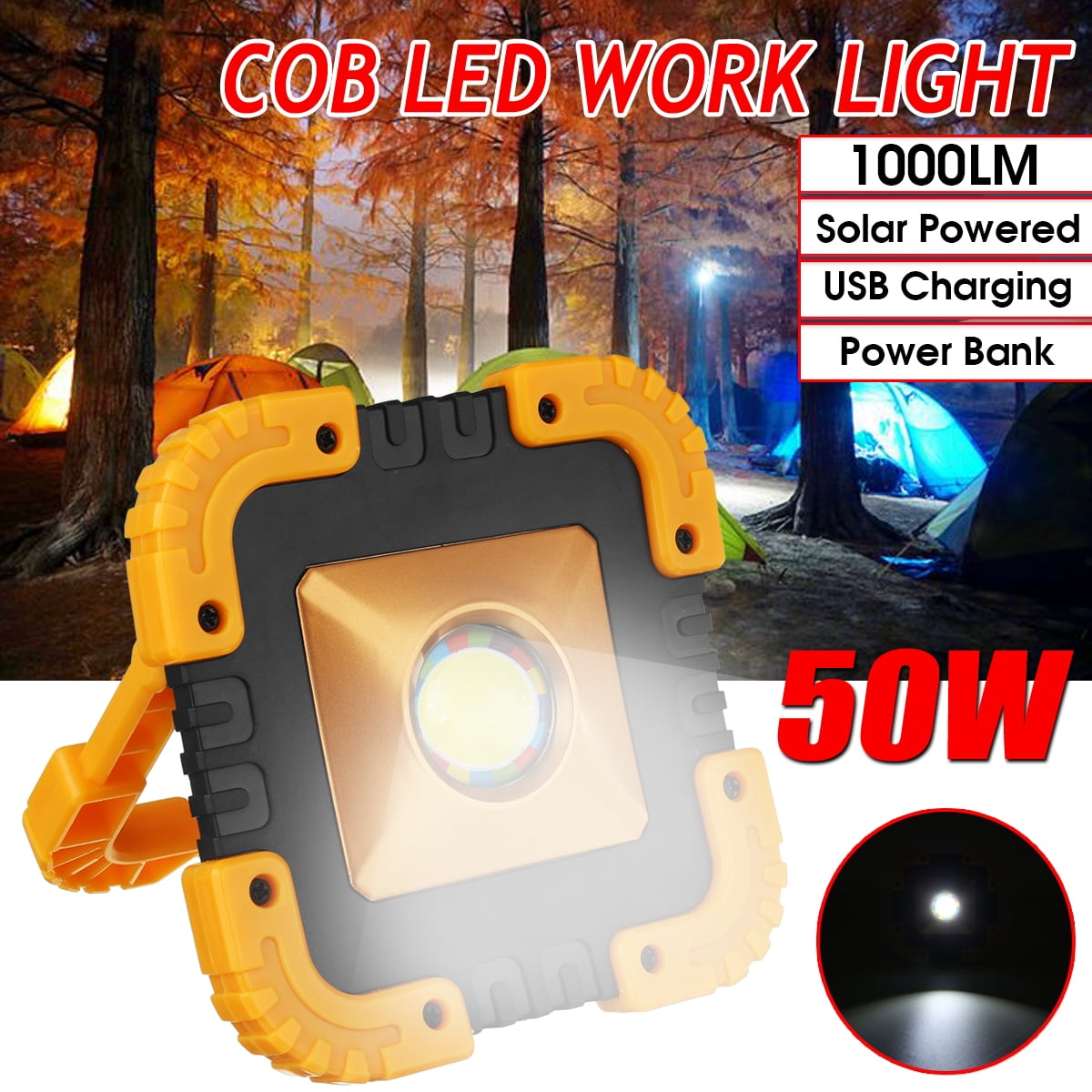 1pc 50w 1000lm Solar Cob Work Light Rechargeable Led Work Check Light