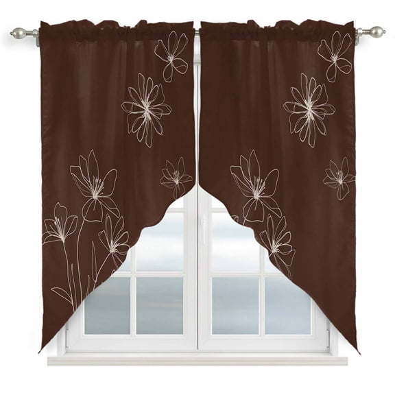 Brown Floral Swag Valances for Windows, Kitchen Window Curtains Over Sink, Spring Flower Window Treatment Curtains for Living Room/Bedroom Curtains 2 Panel Sets 36"x45"