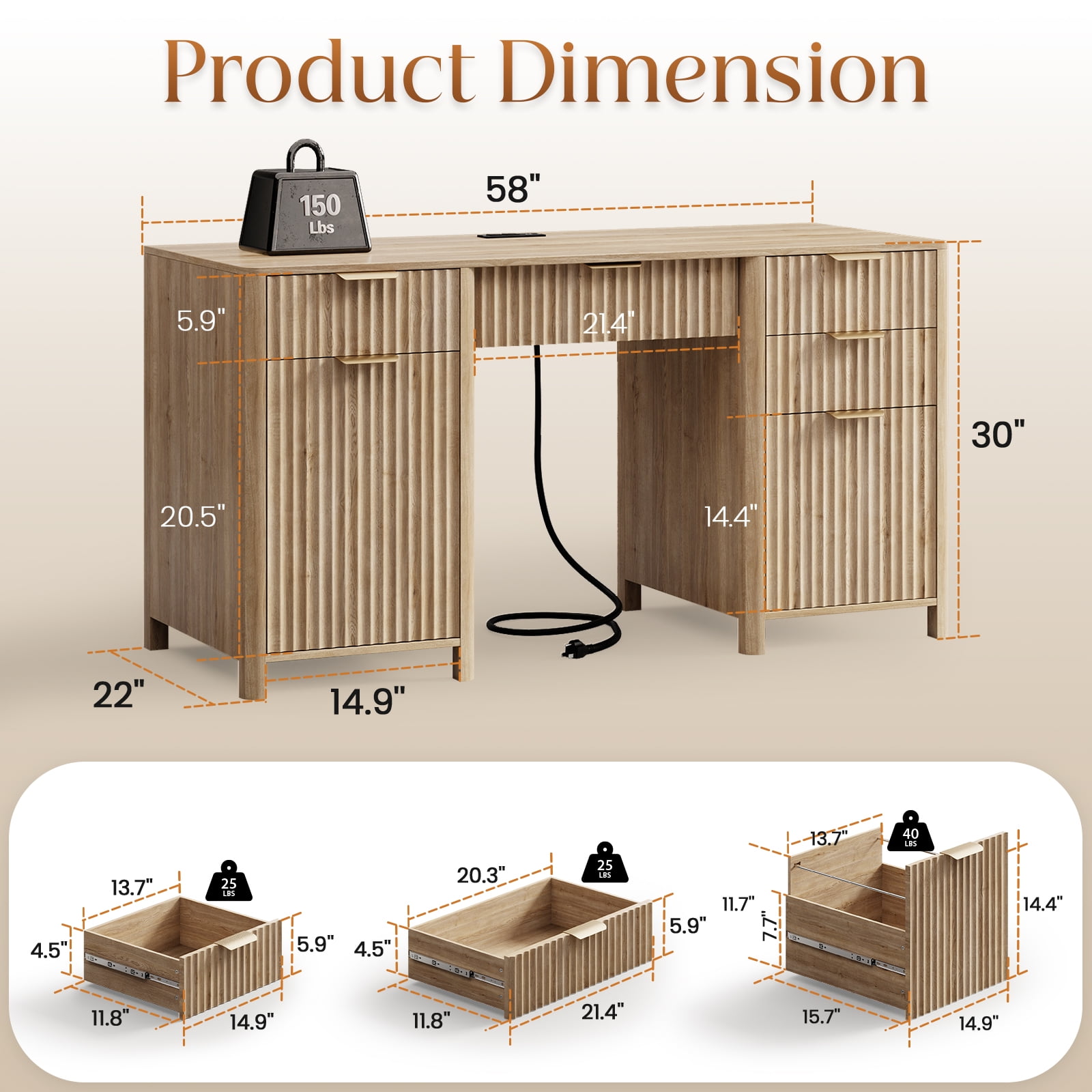 58" Fluted Executive Desk with Storage Modern Home Office Desk with Charging Station Wood Work Desk for Office, Bedroom, Study, Living Room, Oak