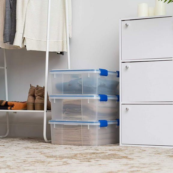 26.5 Quart WEATHERPRO Plastic Storage Box with  Lid and Seal and Secure Latching Buckles, 3 Pack, Weathertight, Keep Pest Dust and Moisture Out, for Oversized Bulky Items, Clear/Blue