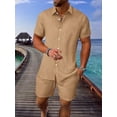 thumbnail image 4 of Men’s 2-Piece Solid Color Set Summer Short Sleeve Button-Down Shirt with Pocket and Matching Pants Beige L, 4 of 5