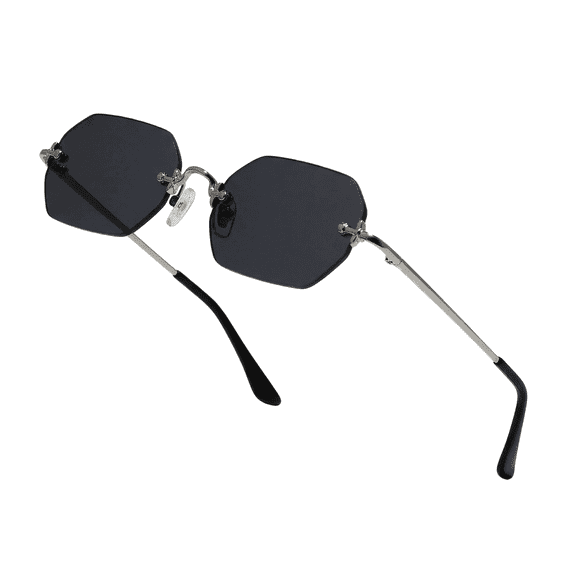 POLASUP Rimless Octagonal UV400 Sunglasses, silver metal frame for men women. Comes with leather case, cleaning cloth & adjustable strap