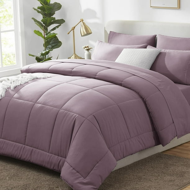 Juego de edredón CozyLux tamaño queen morado polvoriento - 7 piezas, incluye edredón morado polvoriento. Juego de cama tamaño queen con edredón acolchado para todas las estaciones, sábana encimera, sá