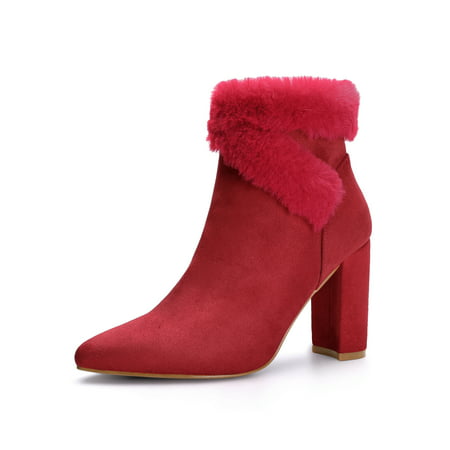 Unique Bargains - Women's Pointed Toe Chunky Heel Ankle Boots Red (Size ...