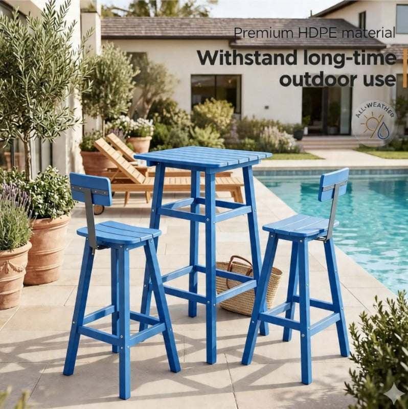 3 Piece Outdoor Bar Set Patio HDPE Dining Set with Square High-Top Table Footrest & Backrest