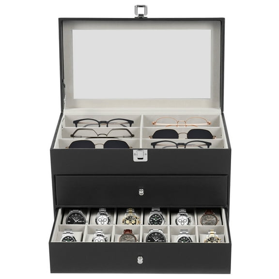 Miumaeov 3 Layers 24 Slots Watch Box Sunglasses Eyeglasses Display Box Jewelry Organizer Storage Case
