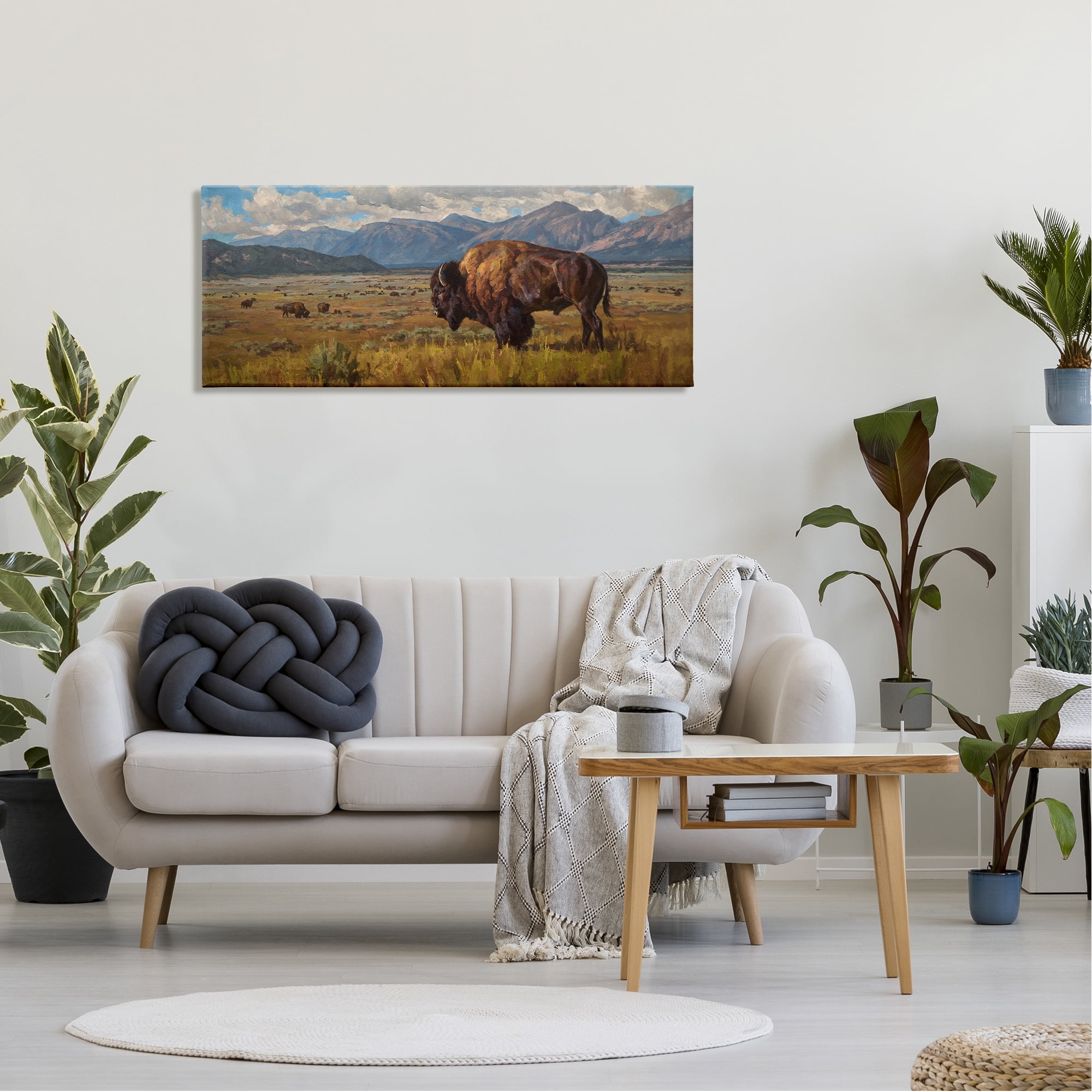 Stupell Industries Bison Grazing in Valley Animals & Insects Painting Gallery Wrapped Canvas Print Wall Art, 48 x 20