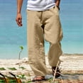 thumbnail image 2 of Dagegui Mens Hawaiian Linen Pants Drawstring Elastic Waist Wide Leg Beach Pant Summer Casual Loose Fit Trousers with Pocket Beige XL, 2 of 3