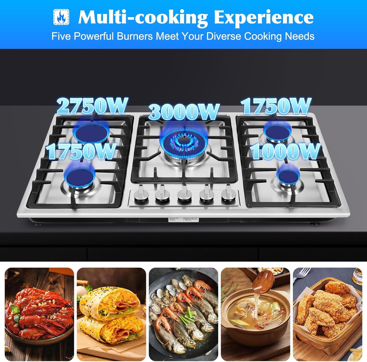 5 Burners Gas Stove 33.86" Built-In Stove Top Gas Cooktop Kitchen Easy To Clean Gas Cooking, Cooktop Cooking Stainless Steel Gas Propane Stove