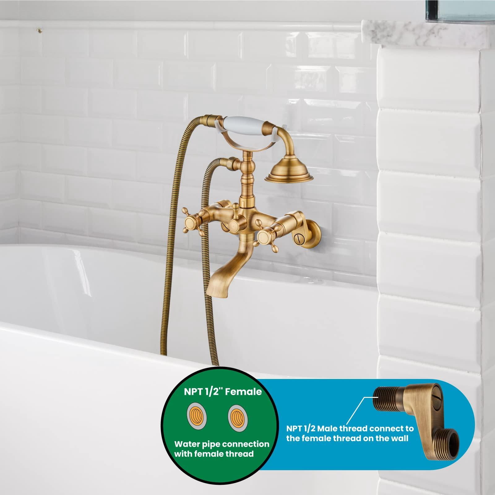 Clawfoot Bathtub Faucet Tub Filler with Handheld Shower Set, Antique Brass, Short Adapter