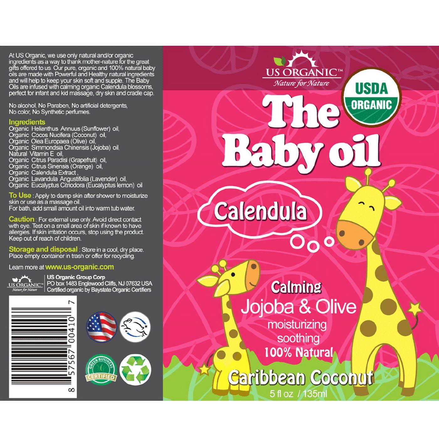Organic, The Baby Oil, Caribbean Coconut, with Calendula, Jojoba, Olive Oil, and Vitamin E, DA Certified Organic, 5 oz