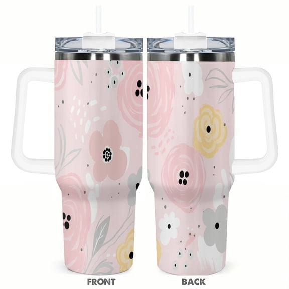 40oz Pastel Floral Travel Tumbler with Handle and Straw Lid Pink Yellow Flower Insulated Car Coffee Cup Gift for Women