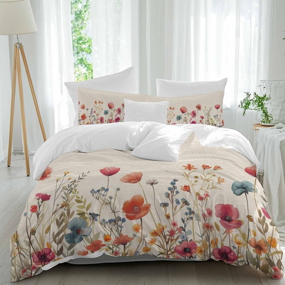 3 Piece Pink Orange Teal Spring Floral Duvet Cover Set Queen Size,Microfiber Comforter/Quilt Cover with Corner Ties and 2 Pillowcases,Watercolor Botanical Summer Flowers Bedding with Zipper Closure