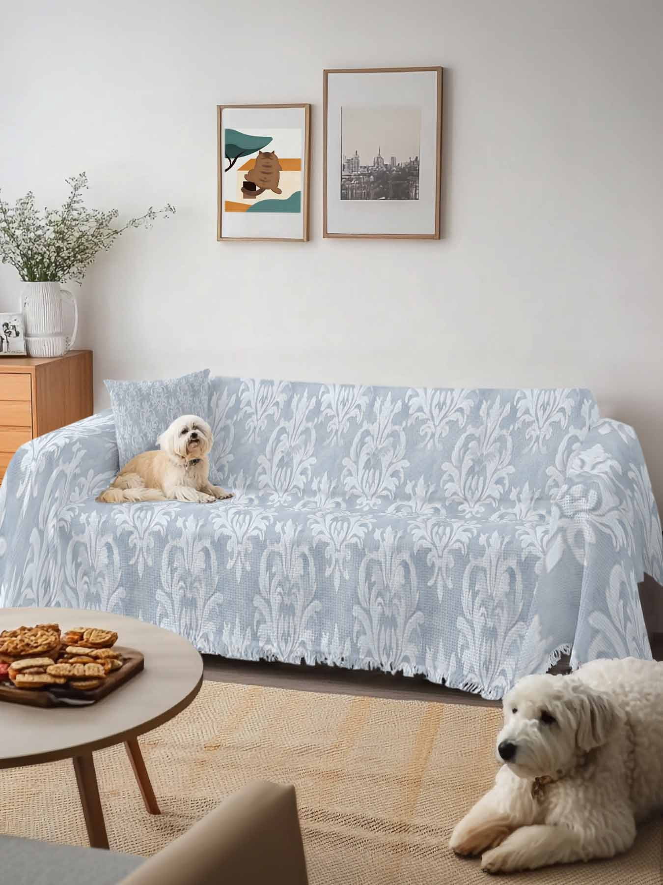 Haze Blue Boho Couch Cover, Neutral Middle Century Turkish Pattern Sofa Cover Blanket for 1 Seat Cushion,Sectional Sofa Slipcover Furniture Protector for Living Room Bedroom 71''x91''