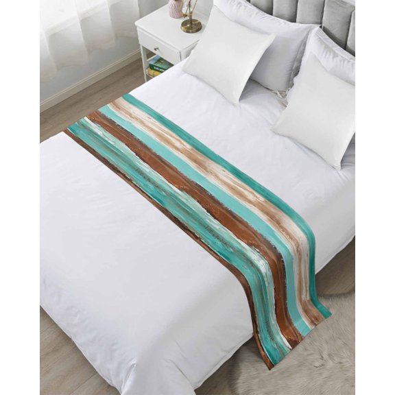 Turquoise Brown Bed Runner for Cal. King Size Bed,Watercolor Modern Abstract Striped Bedspread Protector Slipcover Bed Scarf for Foot Bed Runners & Scarves for Bedroom Hotel Wedding Room 94x20 Inches