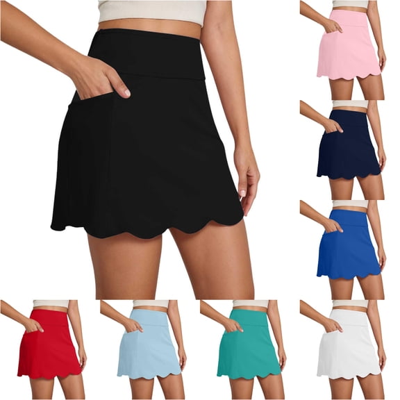 XIAONU Women's High Waisted Skort Side Pockets Scalloped Hem Tennis Skirt