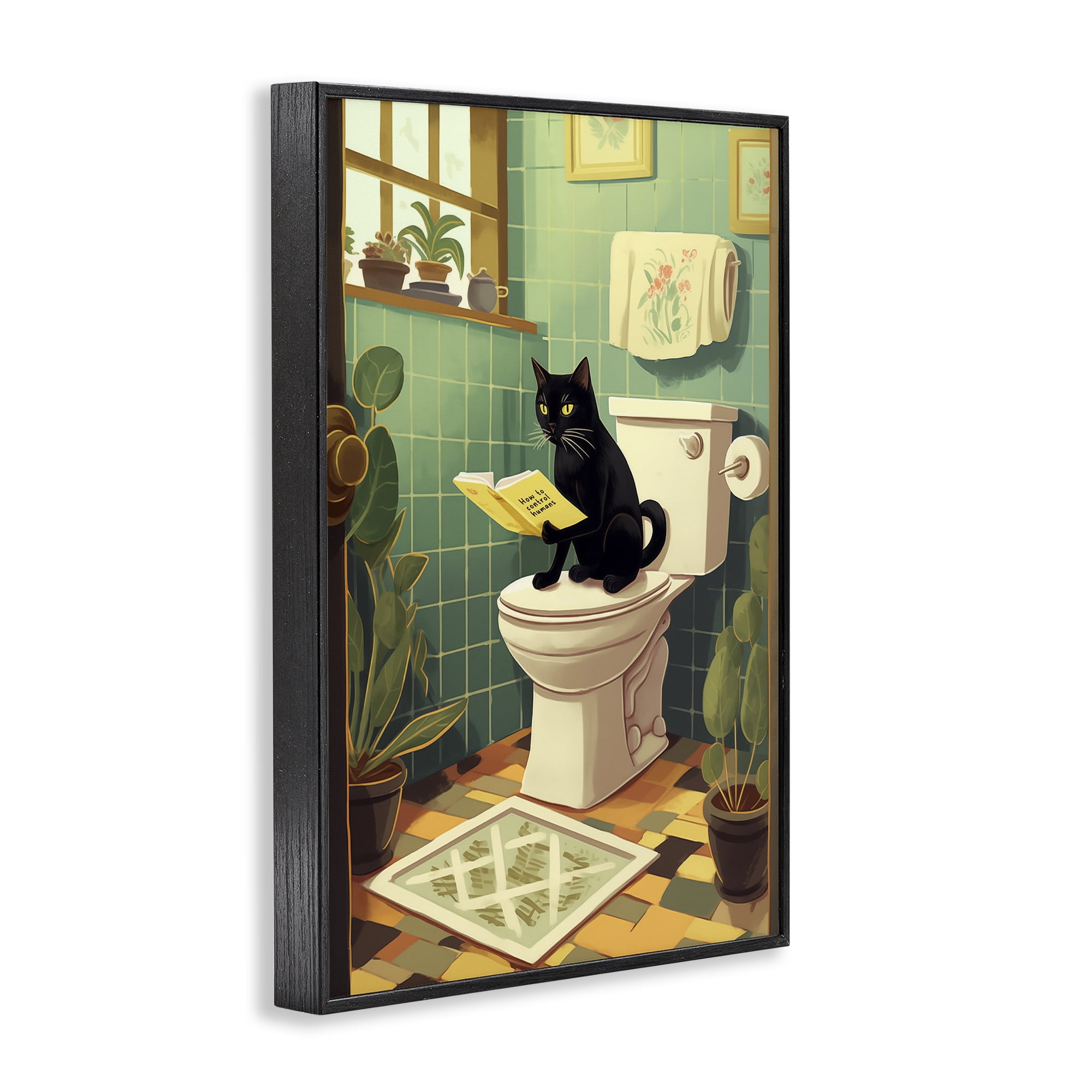 Cat Reading On Toilet Black Framed Giclee Art, design by Andreas Magnusson