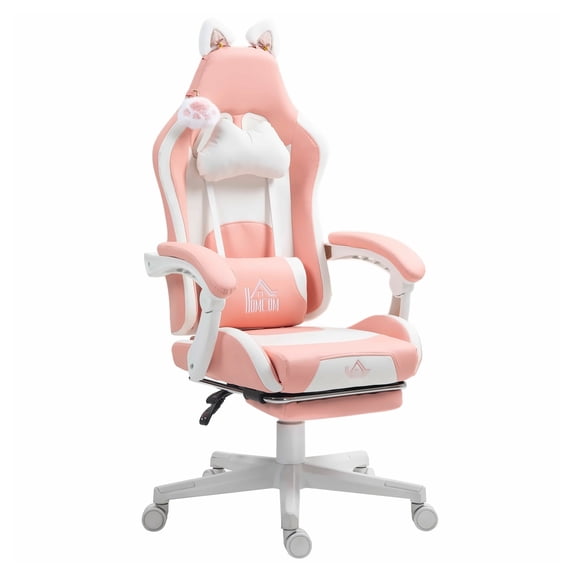 Pink Gaming Chair with Footrest, Cute Racer Style PC Gaming Chair with Headrest & Lumbar Support, Faux Leather Desk Chair for Teens, 135° Recline