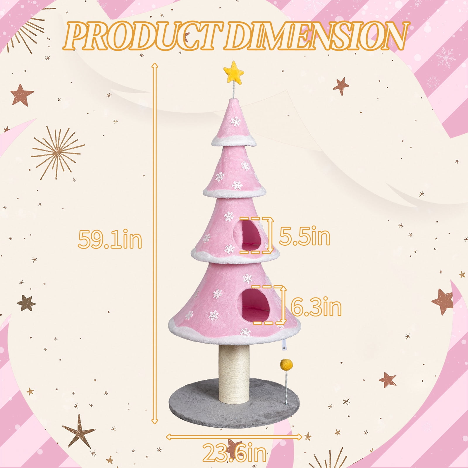 ZephyPaws 60 inch Christmas Cat Tree,Cute Cat Tower with 2 Condos,Sisal Scratching Posts,Spring Toy,Holiday Cat Tree Tower for Indoor Cats,Pink