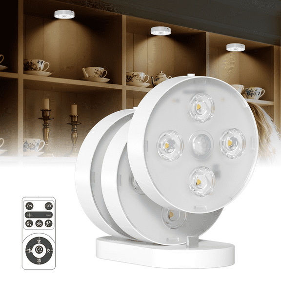 Under Cabinet Lighting 3-Pack Rechargeable Puck Lights with IR Remote Control, LED Motion Sensor light with Charging Station, Under Couter Lights for Kitchen/Stairs/Bedroom/Hallway/Wardrobe