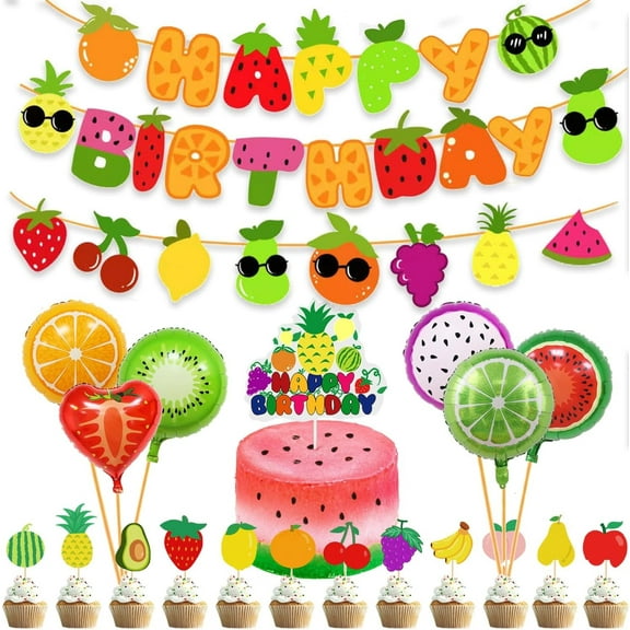 Cute Sensory Fruit Birthday Decorations for 1st Baby Birthday Party Fruit Theme Party Supplies Cake Cupcake Toppers Fruit Theme Happy Birthday Banner Balloons for Boys and Girls Fruit Party Decor