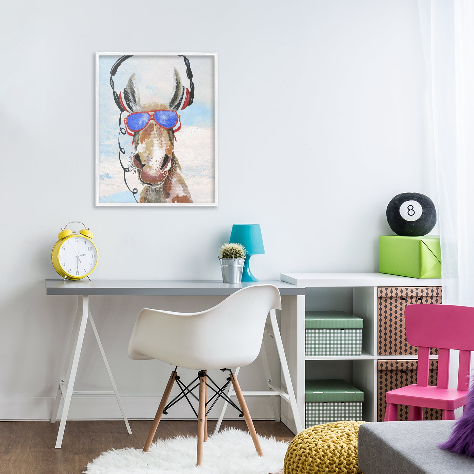 Stupell Industries Donkey Wearing Headphones White Framed Giclee Art, design by Janet Tava