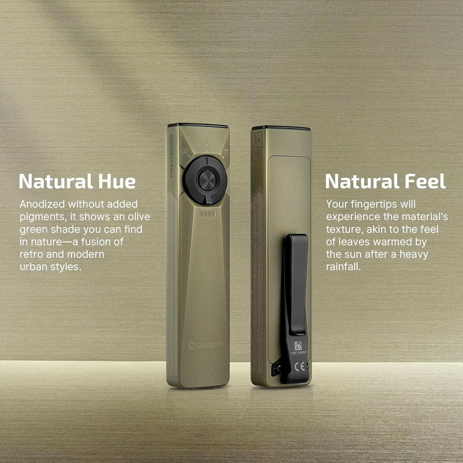 OLIGHT Arkfeld Ultra 1400 Lumens EDC Flat Flashlight, Rechargeable Compact Pocket Flash Light Combines White LED, UV and Green Beam, Triple Sources Perfect for Checking, Working (Olive-Green)