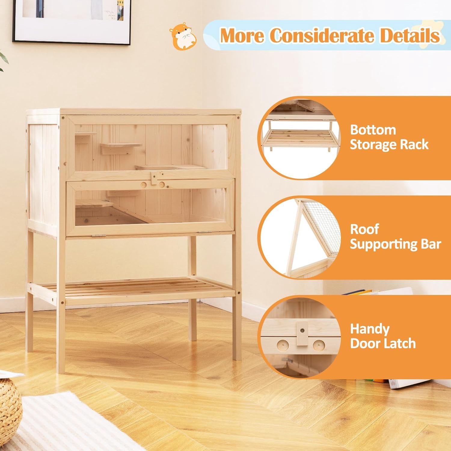 Hejuchuangli 31.5 Inches Freestanding Wooden Hamster Cage, Chew-Proof 2-Layer Hamster House with Full Transparent Viewing, Flip-Top Roof, and Storage Shelf, Ideal for Dwarf Hamster and Gerbils