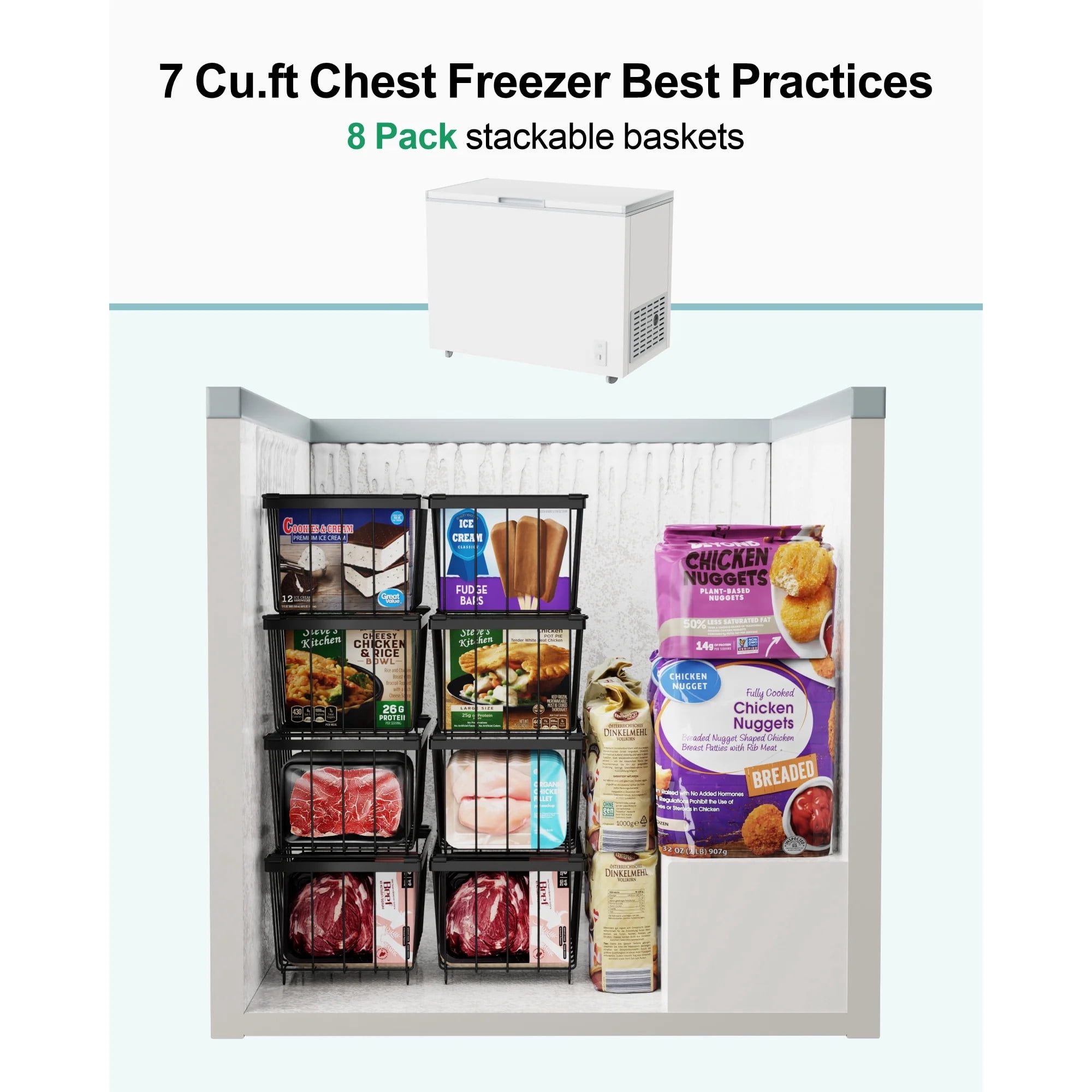 TEAFIRST 4 Pcs Stackable Freezer Baskets, Organizer Bins with Handle for 7 Cu.FT Chest Freezer Black