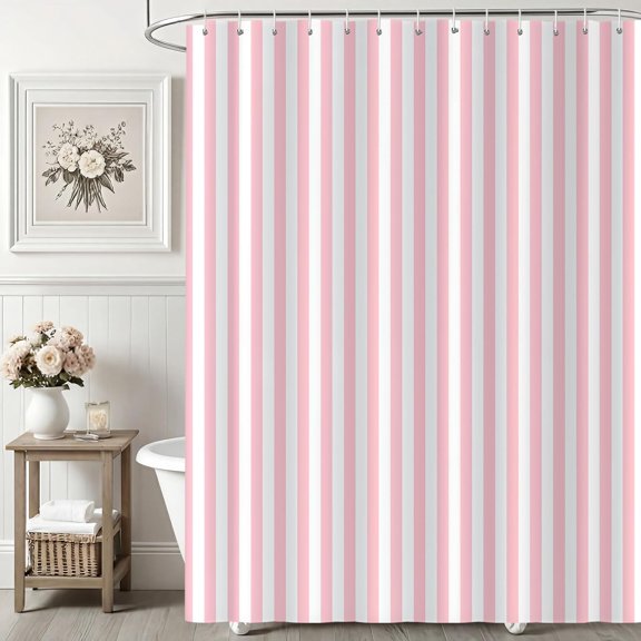 Pink And White Striped Shower Curtain Waterproof Fabric Bathroom Decor with Hooks 71x71 inches