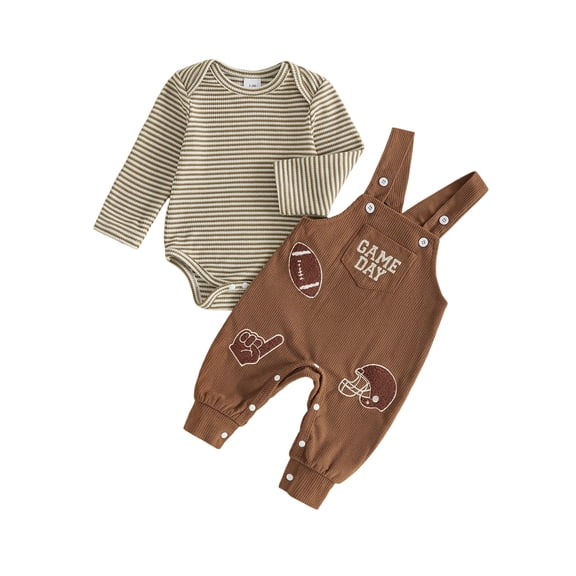 Loicainy Infant Baby Boy Fall Outfit 3 6 12 18 Months Rugby Crew Neck Long Sleeve Romper and Overalls 2Pcs Clothes Set 0-18 Months
