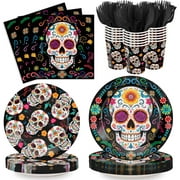120pcs Day of the Dead Party Plates Napkins Dia de Los Muertos Party Supplies Sugar Skull Paper Dessert Plates Cups Forks for Day of the Dead Party Decoration Serve 24
