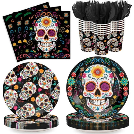 120pcs Day of the Dead Party Plates Napkins Dia de Los Muertos Party Supplies Sugar Skull Paper Dessert Plates Cups Forks for Day of the Dead Party Decoration Serve 24