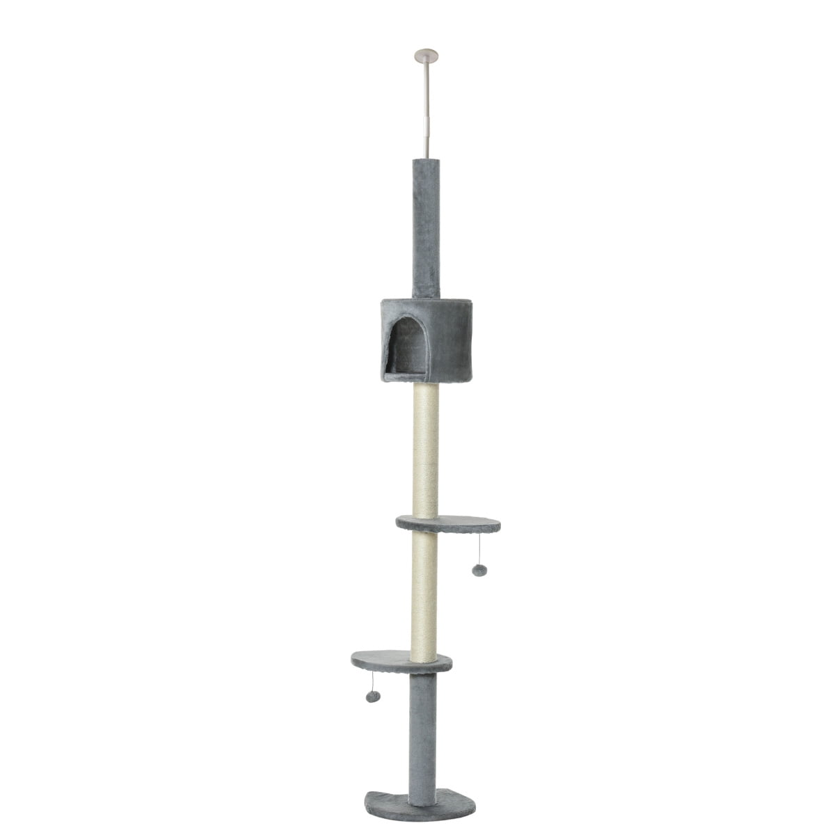 PawHut 85.5" Height Adjustable Floor to Ceiling Cat Tree 4 Tier Kitty Activity Center with Scratching Post Hanging Balls & Condo Grey Pet Furniture for Play & Rest